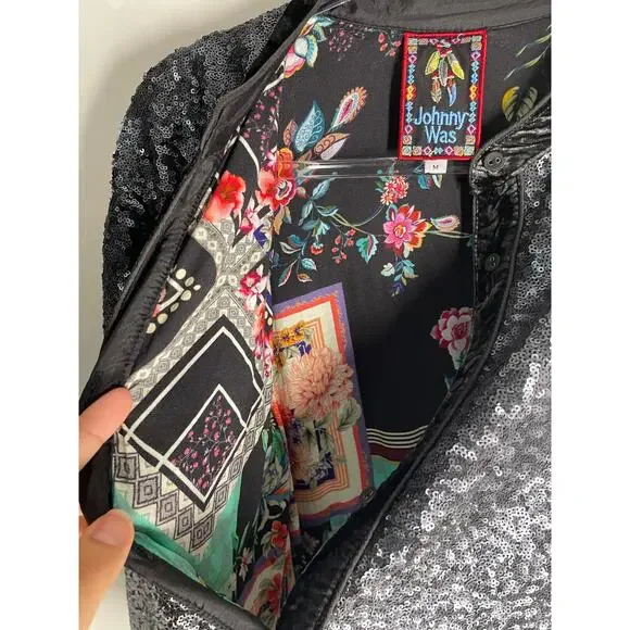 Johnny Was Black Silver Ombre Full Sequin Long Sleeve Button Down Blouse Medium - Picture 5 of 6